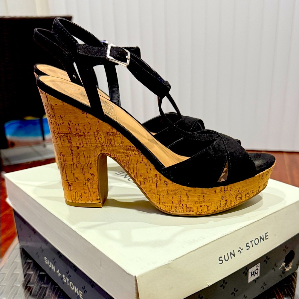 Sun + Stone Black and Tan Platform Heels